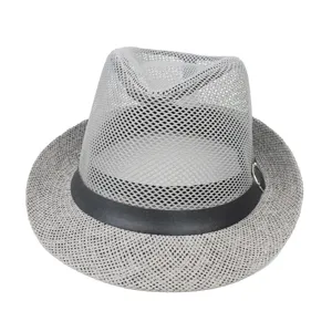 Detailed view of a grey mesh fedora hat with a black band and metal ring accent