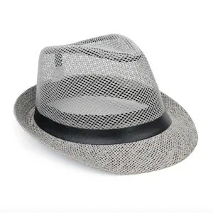 Breathable mesh fedora hat with black ribbon for men's summer outdoor sun protection.