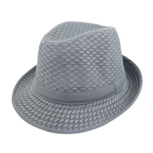 Atmungsaktiver grauer Mesh-Fedora-Hut für Herren und Damen im eleganten Jazz-Stil