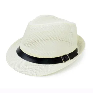 Detailed view of a breathable white mesh fedora hat with a black decorative buckle band