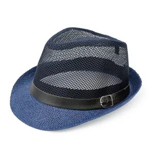 Breathable blue mesh fedora hat for men featuring black leather strap and metal buckle