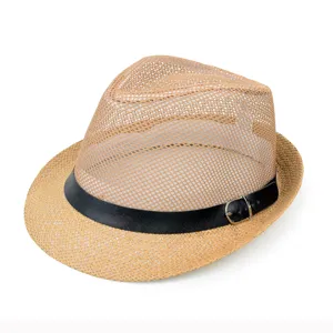 Breathable men's mesh straw fedora hat with a stylish black decorative buckle band detail