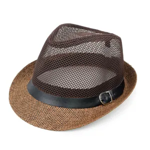Elegant brown breathable mesh straw fedora hat for men with a black buckle band