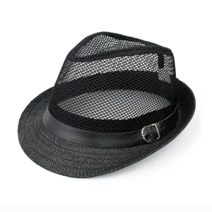 Men's breathable black mesh fedora jazz hat with leather band for summer sun protection