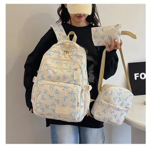 3-piece casual backpack set with blue ribbon pattern for college students