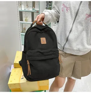 Zaino in velluto a coste nero in stile coreano per studenti dal design minimalista