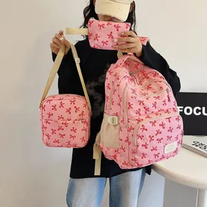 Nylon Backpack Set Printed Bowknot School Backpack Large Capacity Shoulder Bag With Small Clutch For University Travel Women