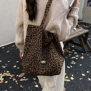 Stylish large capacity leopard print canvas tote bag for women casual shoulder bag