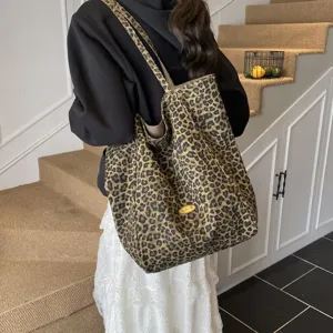 Leopard print reversible canvas tote bag with large capacity shoulder straps for daily use