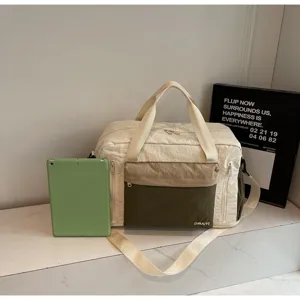 Travel duffel bag size comparison with a tablet, featuring cream and olive green design