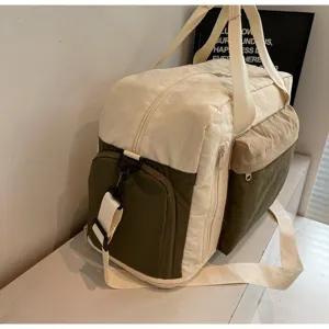 Large dry wet separation travel duffle bag with shoulder strap in olive green and beige
