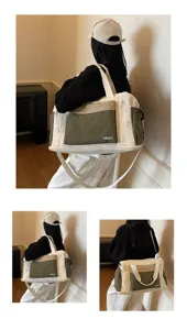 Detailed view of the stylish olive green and white sports travel duffel bag carried by model