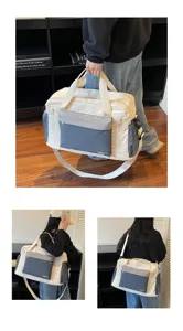 Versatile sports gym bag in cream and grey showing hand-held and shoulder carry styles
