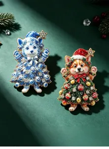 Close-up of cute Christmas Corgi and blue cat brooches with rhinestones on green background.