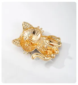 Detailed back view of a golden cartoon cat brooch showing the pin clasp