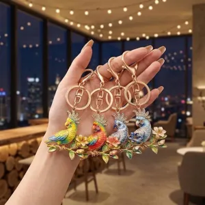 Fashion Enamel Parrot Flower Keychain Rhinestone Alloy Chinese Style Bird Bag Pendant Car Key Ring Jewelry Gift For Women