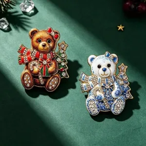 Broche Ours de Noël pour Femmes Hommes Alliage de Zinc Incrusté de Strass Porcelaine Bleue et Blanche Épingle Bijoux
