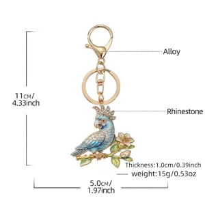 Elegant enamel parrot and flower keychain with sparkling rhinestones and alloy clasp