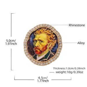 Elegante spilla con ritratto di Vincent van Gogh con bordo di strass e misure precise