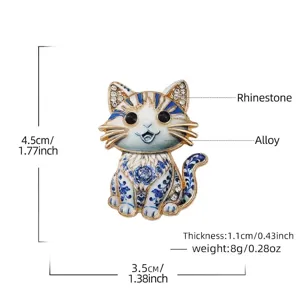 Elegant blue and white porcelain style cartoon cat brooch with sparkling rhinestones