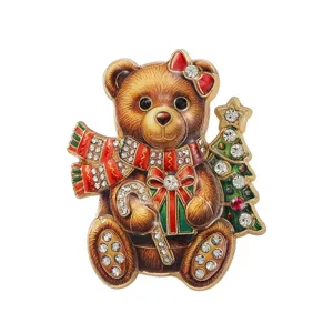 Broche ours de Noël exquise avec strass scintillants et détails en émail festif