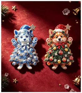 Detail view of Christmas puppy brooches with enamel and sparkling rhinestone accents