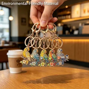 Enamel Parrot Flower Branch Keychain Rhinestone Inlaid Alloy Bird Pendant Bag Accessory Car Key Chain Gift For Women