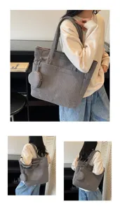 Detailed views of a gray corduroy tote bag featuring large capacity and vintage style.