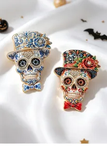 Close-up of two colorful Mexican Day of the Dead skull brooches with floral top hats.