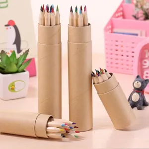 Detail of colored pencils in eco-friendly kraft paper tubes for student drawing.