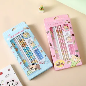 Children stationery set gift box with cute bear design, including pencils, rulers, and erasers.