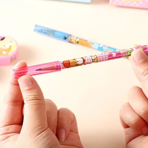 Children cute cartoon stacking pencil detail view with pink cap for school supplies
