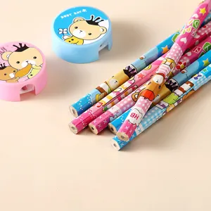 Cute kids stationery set with colored pencils and bear sharpeners for school gifts.