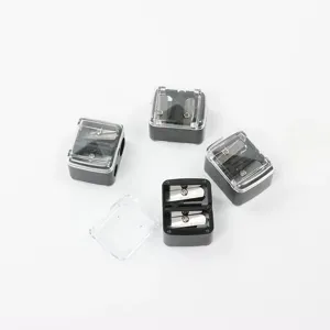 Professional black dual-hole cosmetic pencil sharpener with clear lid for eyebrow liners