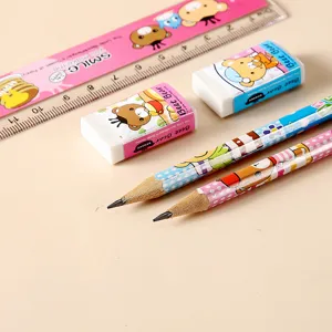 Children cartoon stationery set with cute pencils erasers and ruler for school kids gift.