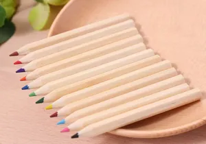 Detailed macro view of twelve natural raw wood colored pencils arranged on a wooden plate