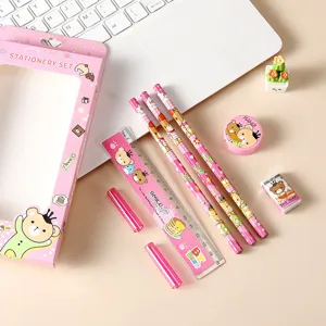 Cute pink stationery set for kids, includes pencils, ruler, eraser, and gift box.