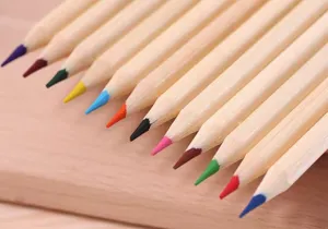 Close-up detail of natural wood colored pencils showing various vibrant lead tips for drawing