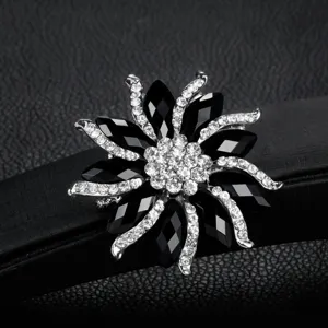 Alloy Rhinestone Flower Brooch For Women Black Faux Gemstone Floral Pin High-End Temperament Accessory For Suits Coats