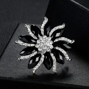 Elegant black and silver floral brooch with clear rhinestones for formal evening wear