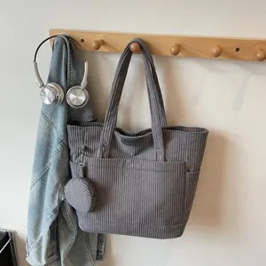 Large grey corduroy tote bag with matching pouch, stylish retro literary student bag