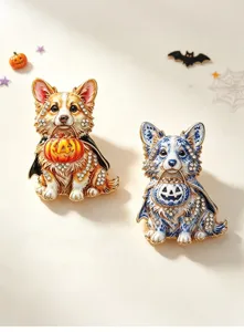 Detailansicht von Halloween Corgi Broschen mit Kürbis-Laternen und Kristallbesatz