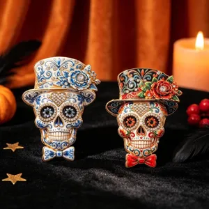 Mexican Day Of The Dead Skull Brooch Vintage Gothic Halloween Jewelry For Women Men Alloy Rhinestone Top Hat Skull Lapel Pin Accessory