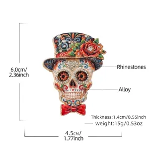 Mexican Day of the Dead skull brooch with top hat and floral design with dimensions