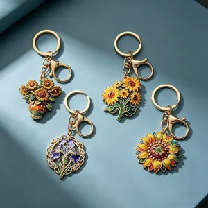 Llavero Floral Artístico Aleación Strass Esmalte Girasol Iris Adorno de Bolso Estilo Pintura al Óleo Retro Regalo