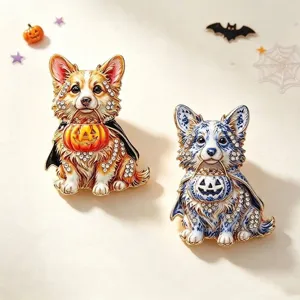 Süße Halloween Corgi Hunde-Broschen mit Kürbis-Laternen und funkelnden Strasssteinen