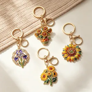Juego de llaveros florales artísticos con girasol e iris para adornar mochilas.