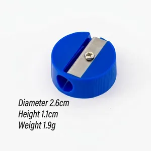 Close-up view of a blue mini circular single-hole pencil sharpener with size and weight info.