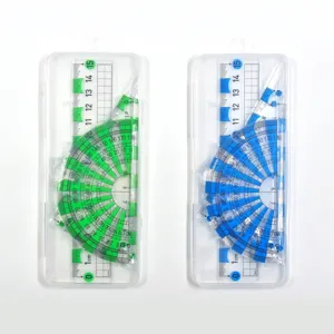 Close-up of 4-piece clear geometry set with 15cm ruler and protractor in storage case
