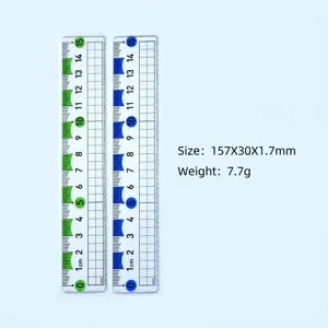 Detailed close-up of 15cm transparent plastic wave ruler with dimension markings